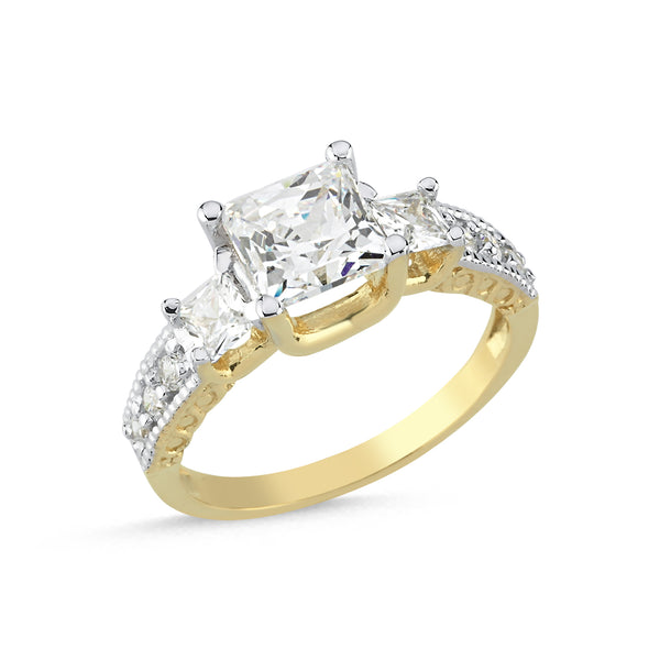 RN128Y: 9ct Yellow Gold Three Stone Square Cubic Zirconia Ladies Ring