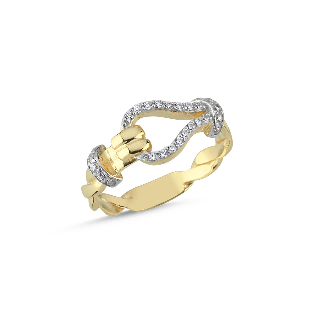 RN409: 9ct Yellow Gold Twisted Ladies Cubic Zirconia Hook Ring